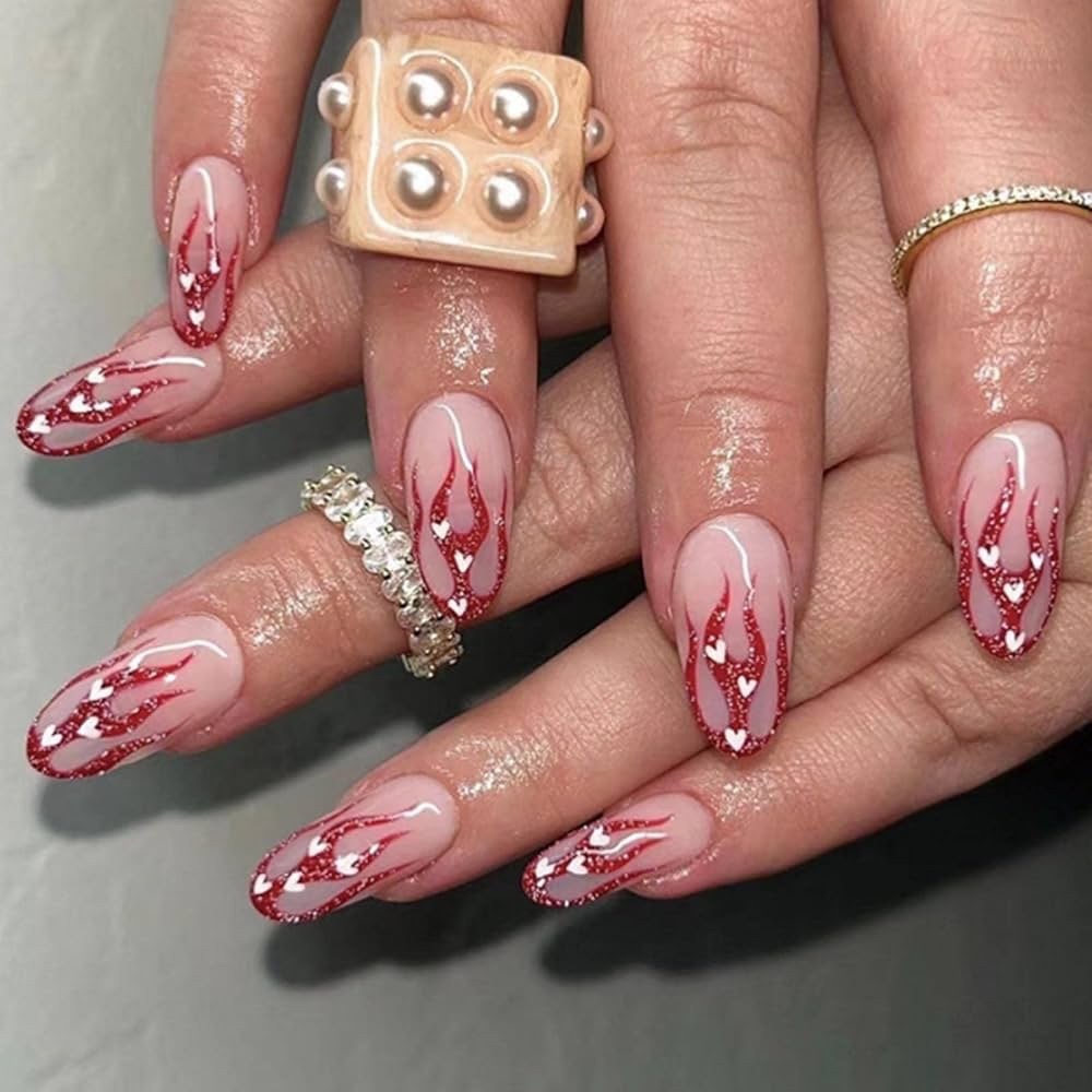 Red Flame Press On Nails